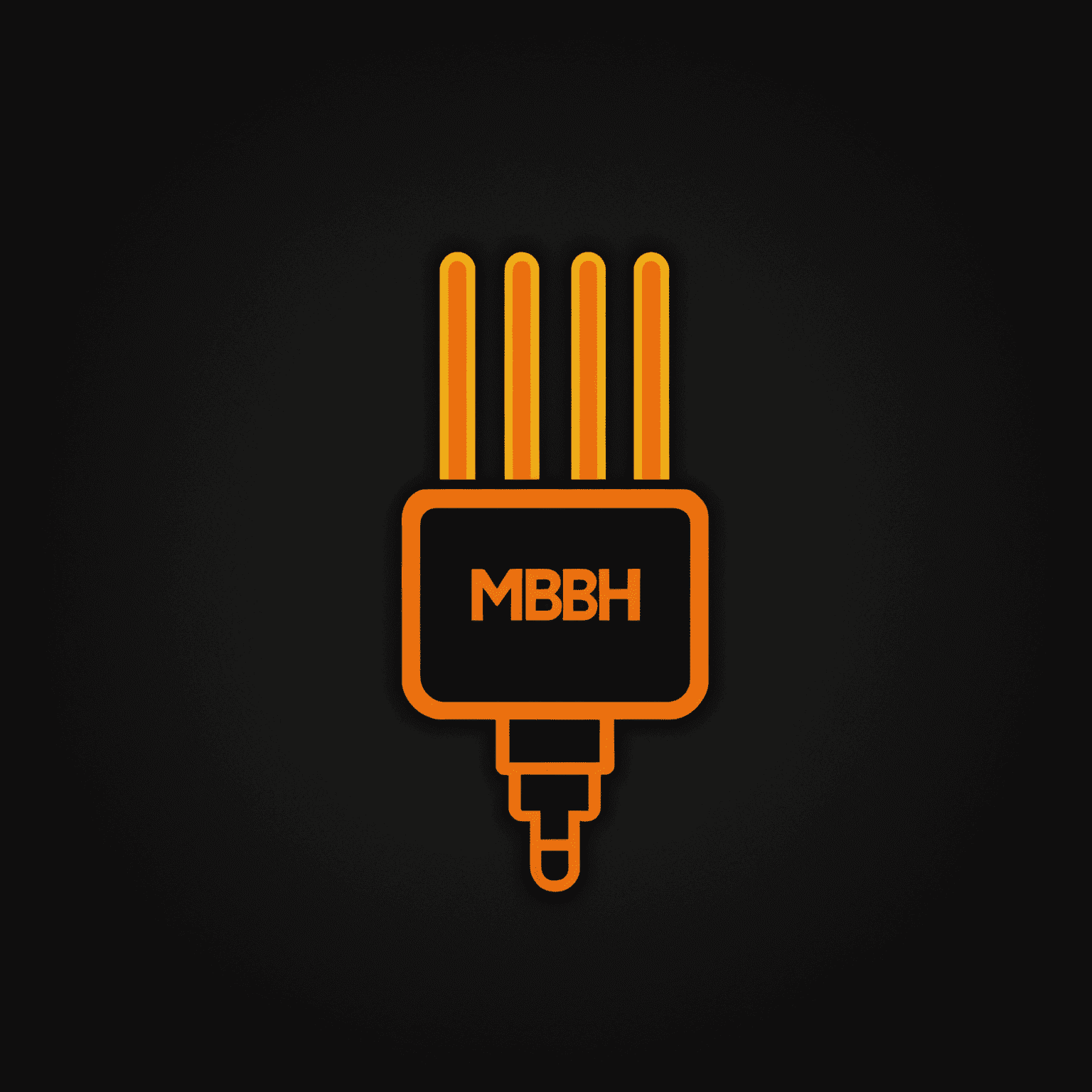 MBH Power Rentals Logo - A stylized power plug icon in neon orange on a deep matte black background