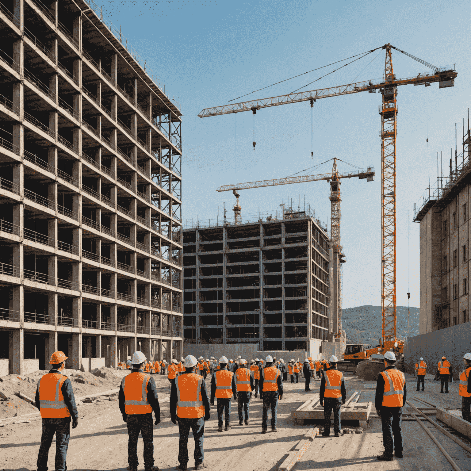 A construction site with cranes and scaffolding, showcasing the beginning of a new power plant project in Budapest. Workers in hard hats and safety vests can be seen in the foreground.