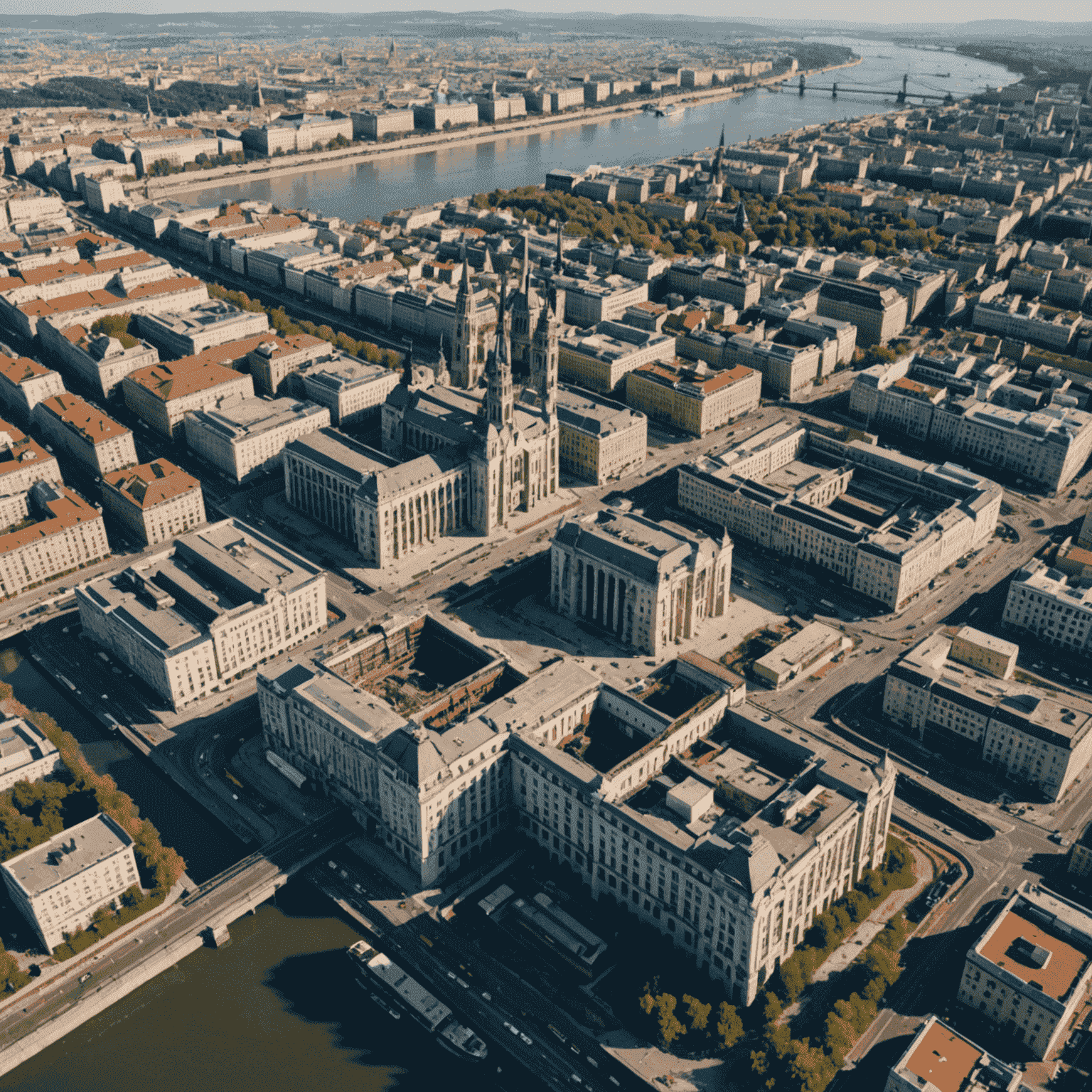 Aerial view of Budapest cityscape with construction site in foreground, showcasing the location of the new power plant project