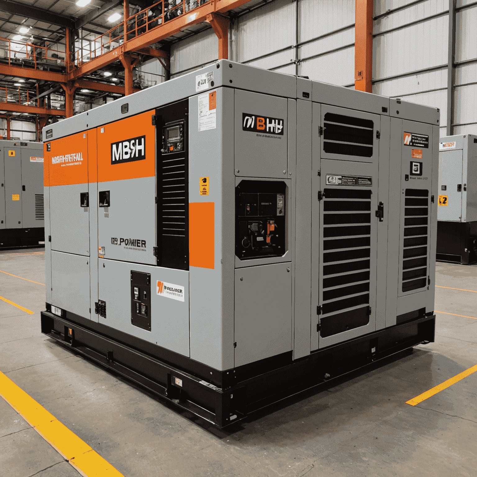 A row of large, industrial-grade generators in silver and orange, branded with MBH Power Rentals logo, standing ready for deployment in a spacious warehouse.