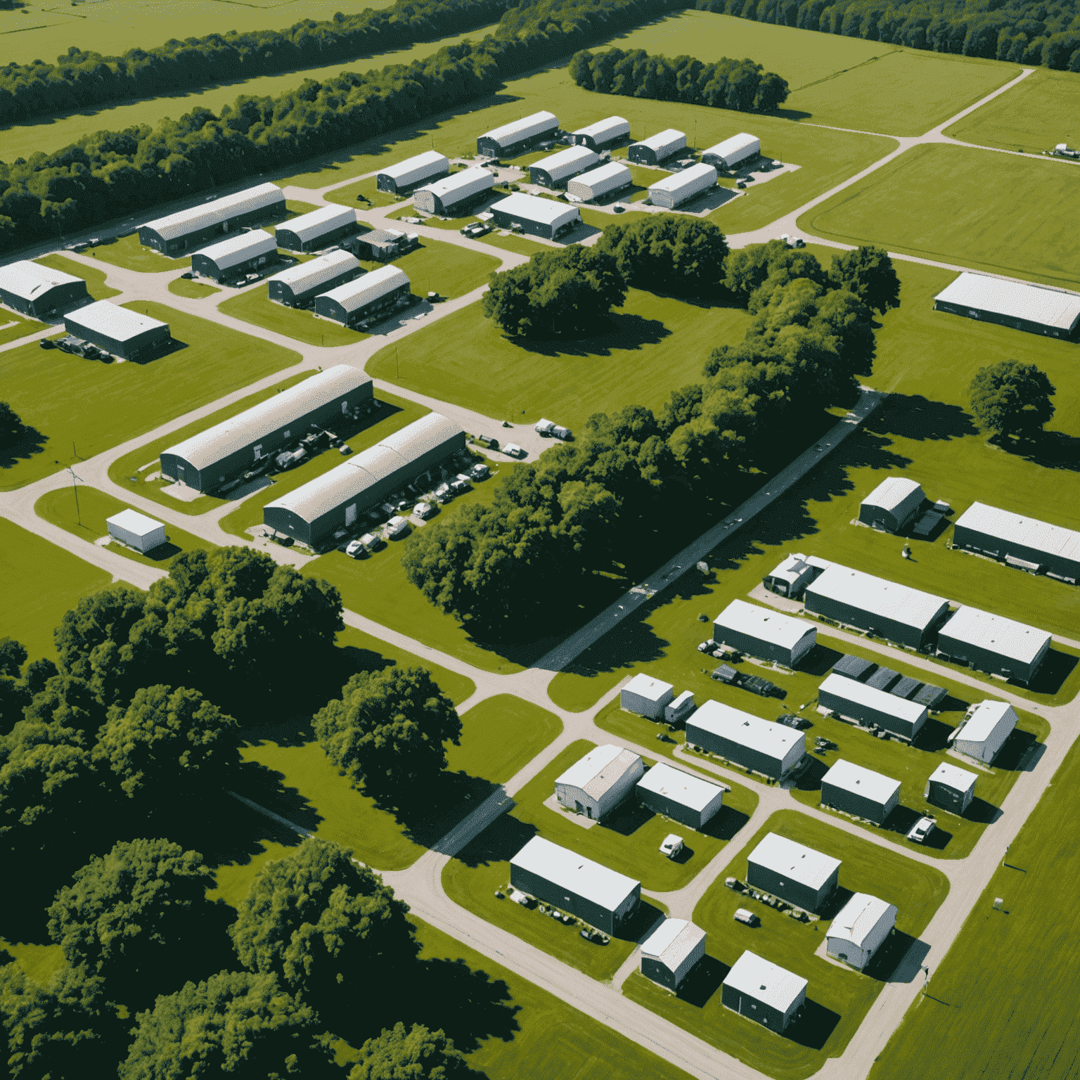Aerial view of a rural community with MBH Power Rentals generators deployed in key locations, powering essential services after severe storms