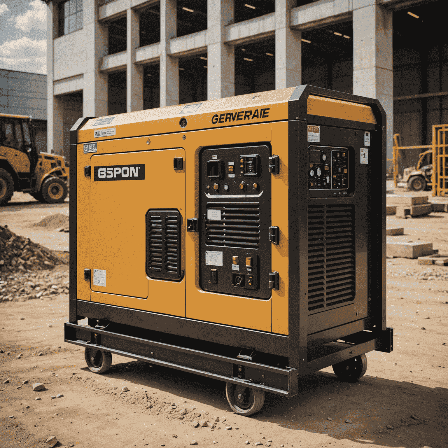 Industrial generator on a construction site, providing temporary power for equipment and lighting