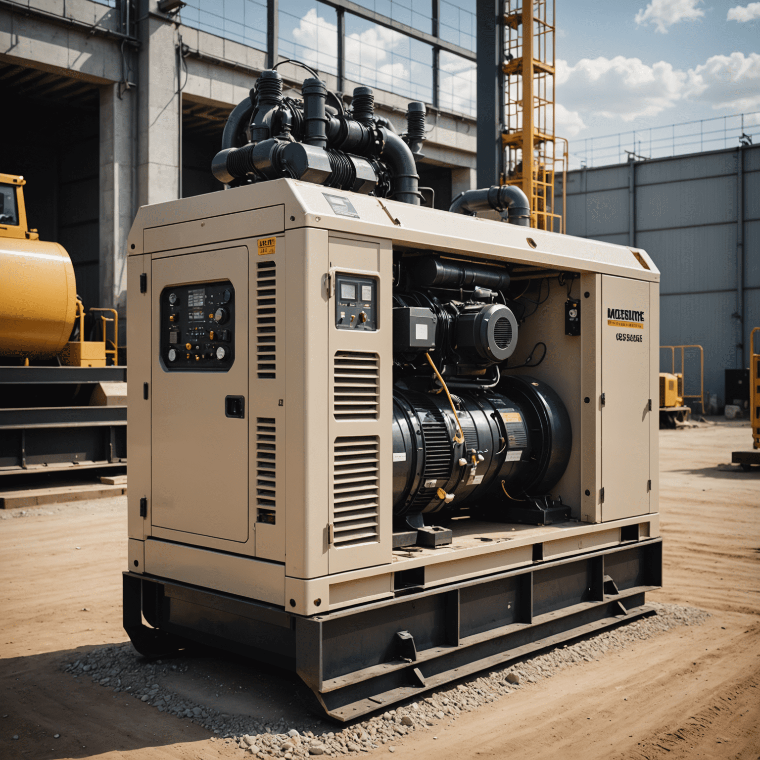 A large industrial generator on a construction site, powering heavy machinery and floodlights