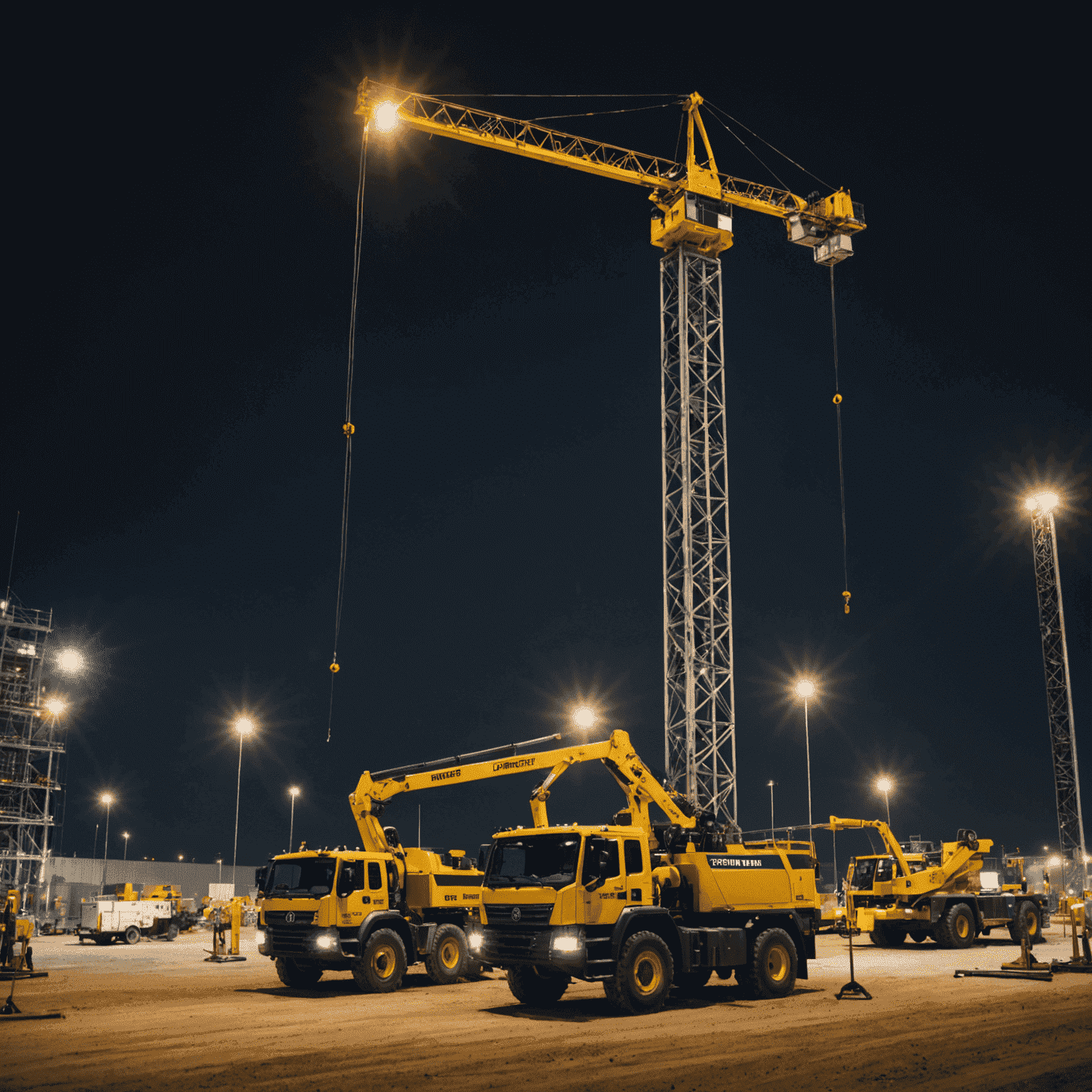 Construction site at night illuminated by powerful temporary lighting towers, showcasing workers safely operating equipment and moving materials