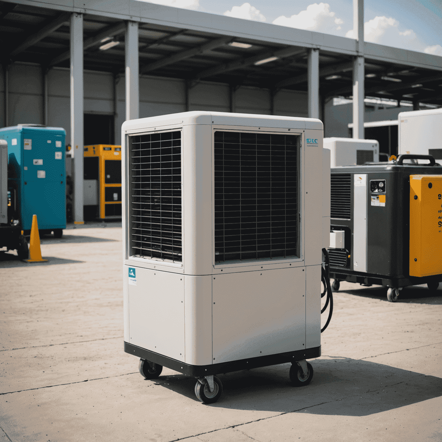 Portable air conditioner unit for temporary cooling in various settings such as construction sites, events, or emergency situations