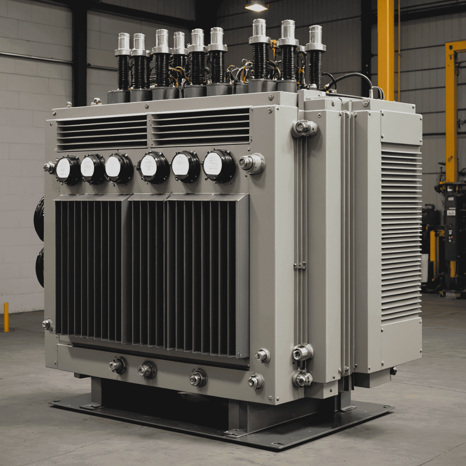 Industrial transformer with multiple voltage outputs, large cooling fins, and connection terminals