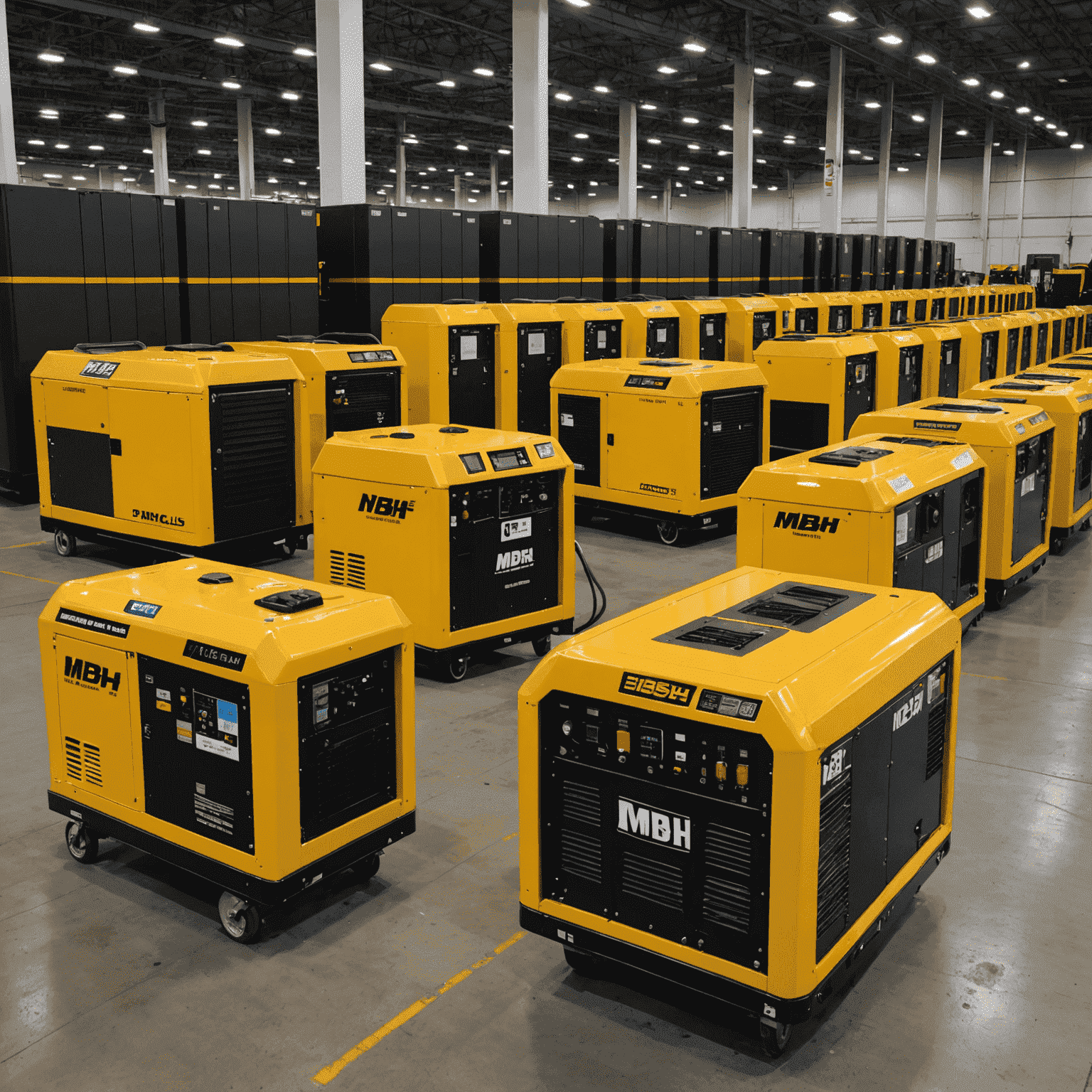A lineup of brand new, high-capacity generators in MBH Power Rentals' signature colors. The generators are sleek, modern, and ready for deployment across Eastern Europe.