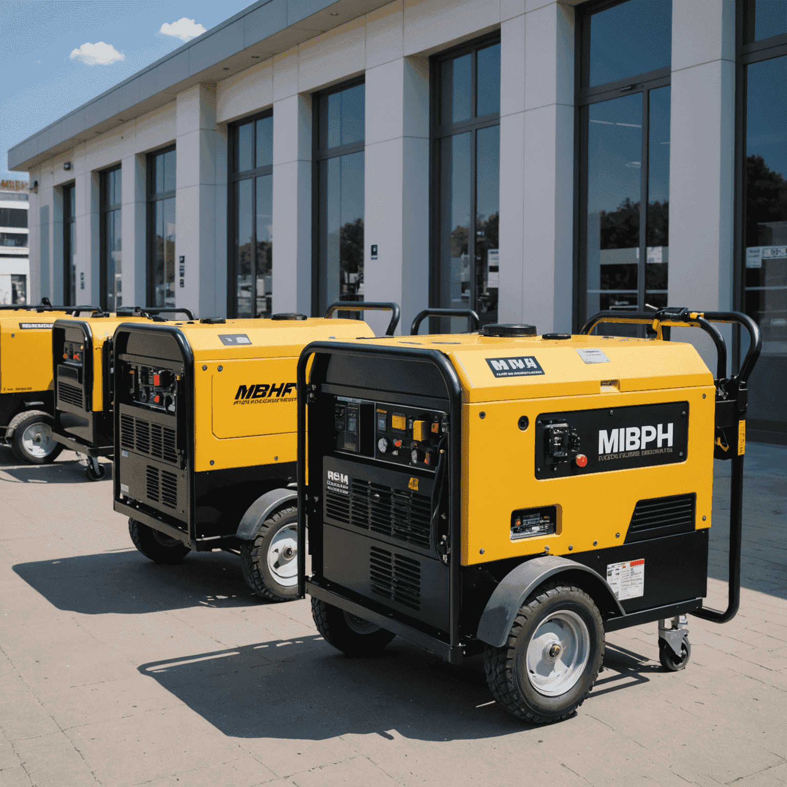 Row of modern, eco-friendly portable generators with MBH Power Rentals branding, showcasing the equipment to be used in the Budapest project