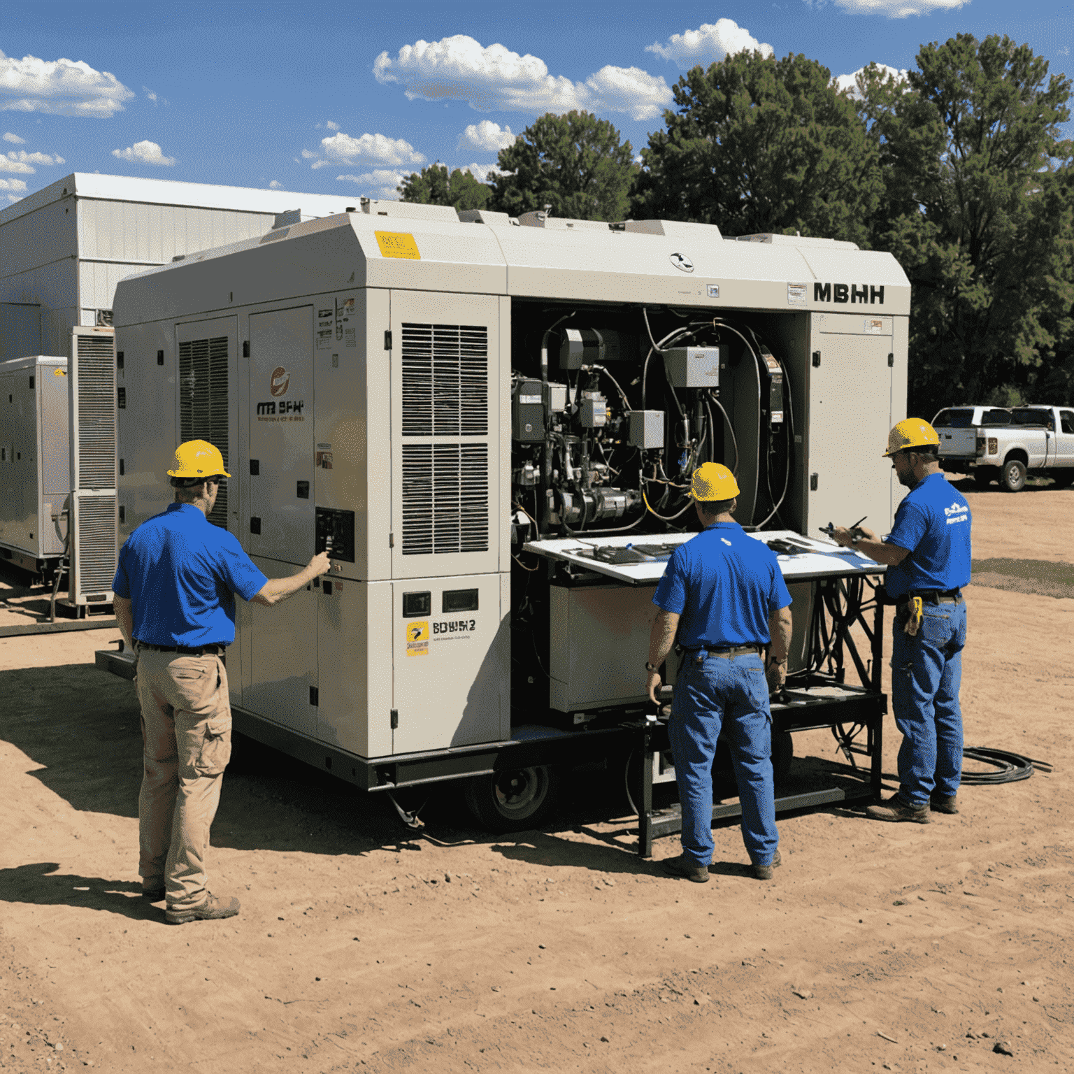 MBH Power Rentals technicians working on large generators powering a temporary command center in the rural community