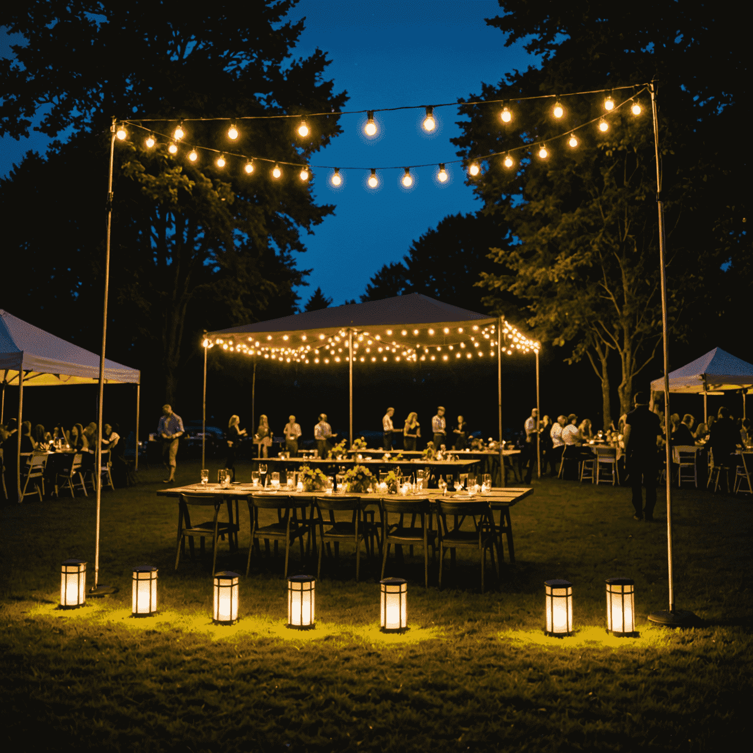 Temporary lighting setup illuminating a nighttime outdoor event, showcasing various types of portable lights