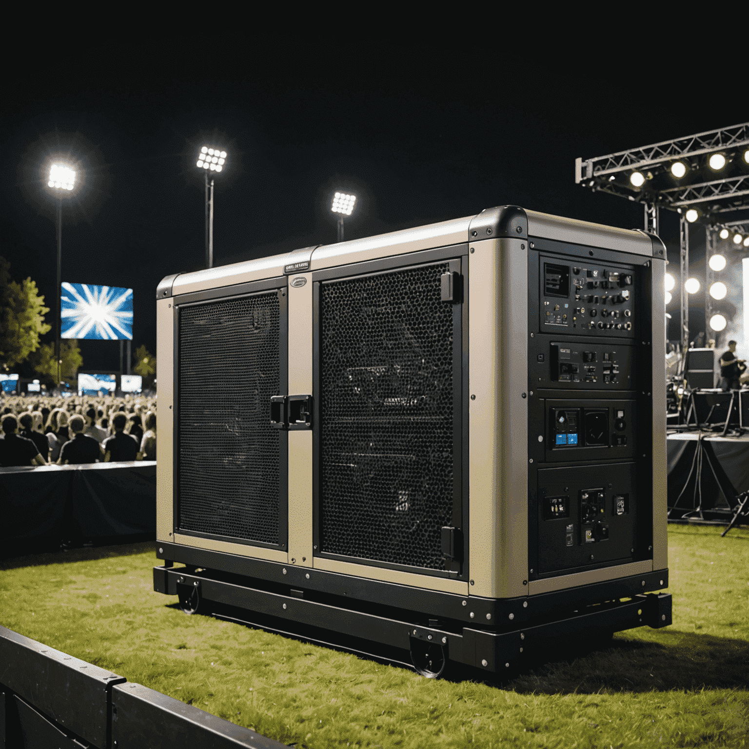 A sleek, modern generator powering a large outdoor concert stage with lights and sound equipment