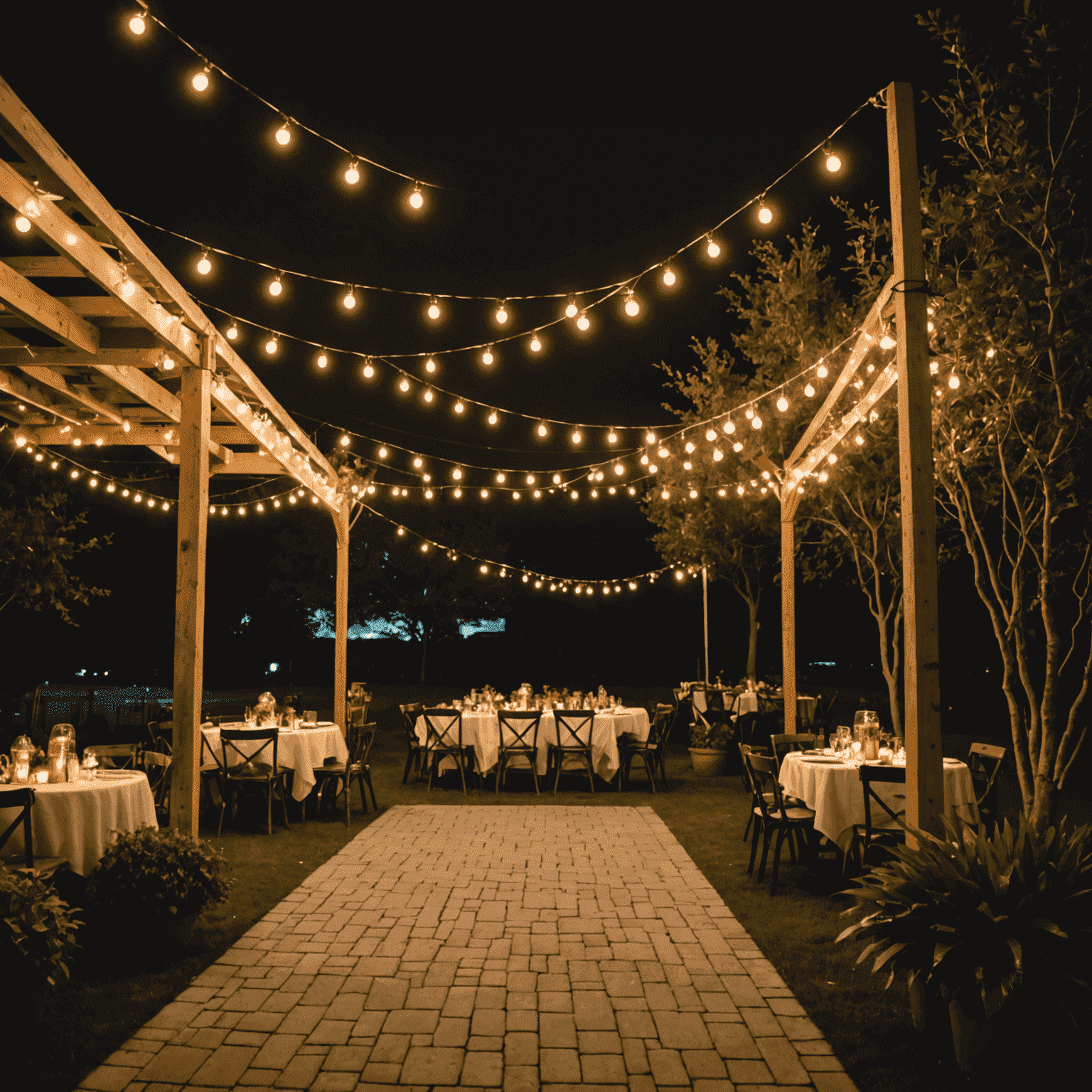 Nighttime outdoor event with various temporary lighting solutions, including string lights, spotlights, and decorative lighting fixtures, creating a festive atmosphere