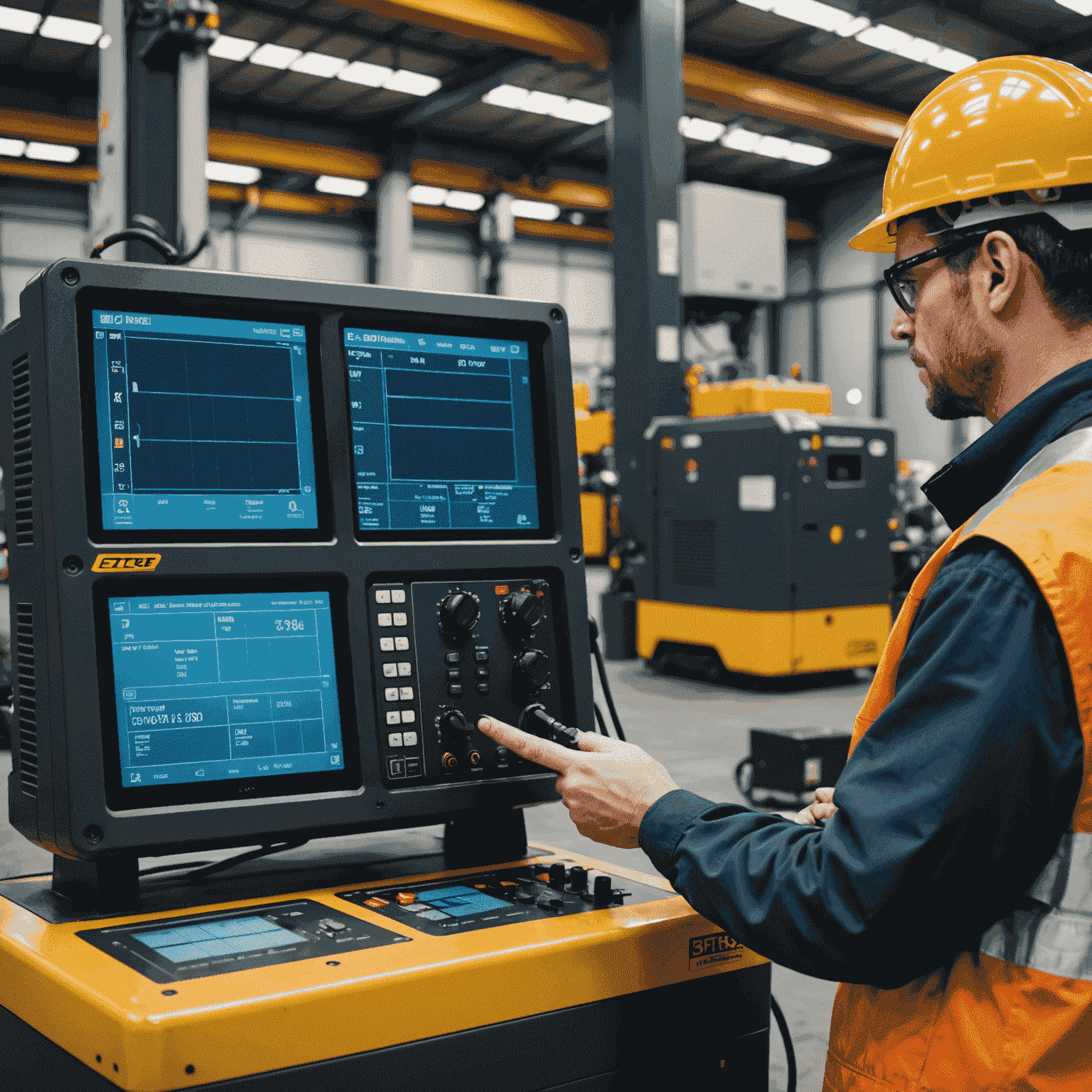 Technician monitoring fuel levels on a digital display with generators in the background