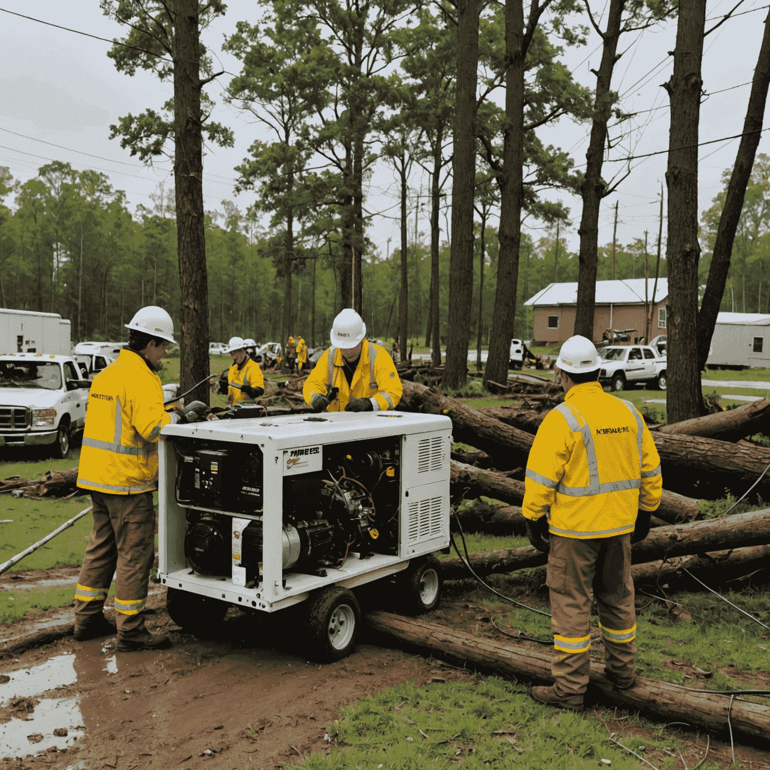 MBH Power Rentals team working in a storm-damaged rural area, setting up temporary power generators. Fallen trees and power lines are visible in the background, while workers in MBH uniforms connect power to local buildings.