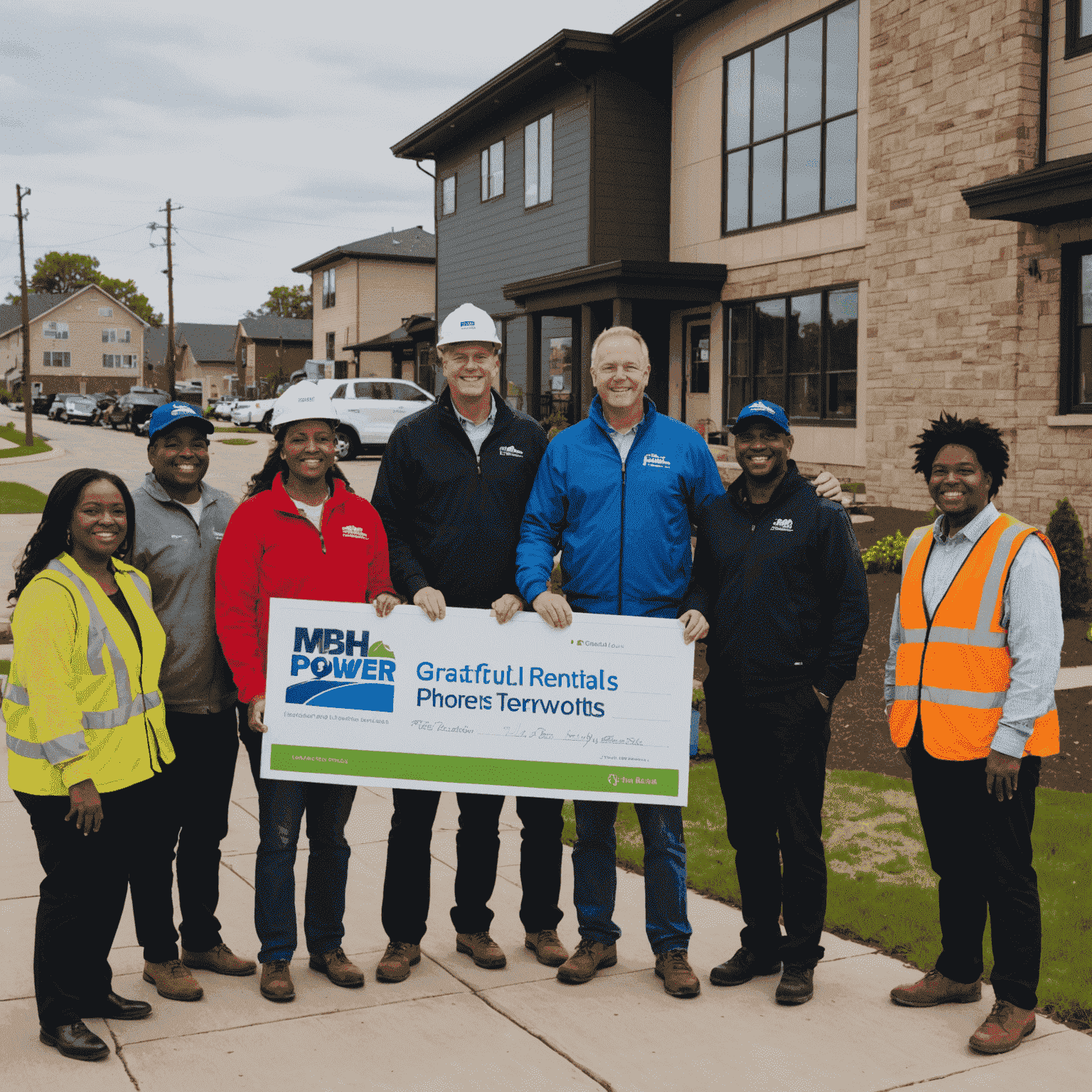 A group of grateful community members thanking MBH Power Rentals staff, with powered homes and businesses visible in the background