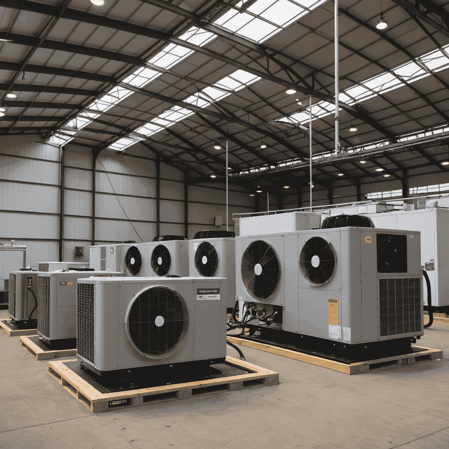 Portable HVAC units being installed in a large temporary structure, showing both heating and cooling equipment