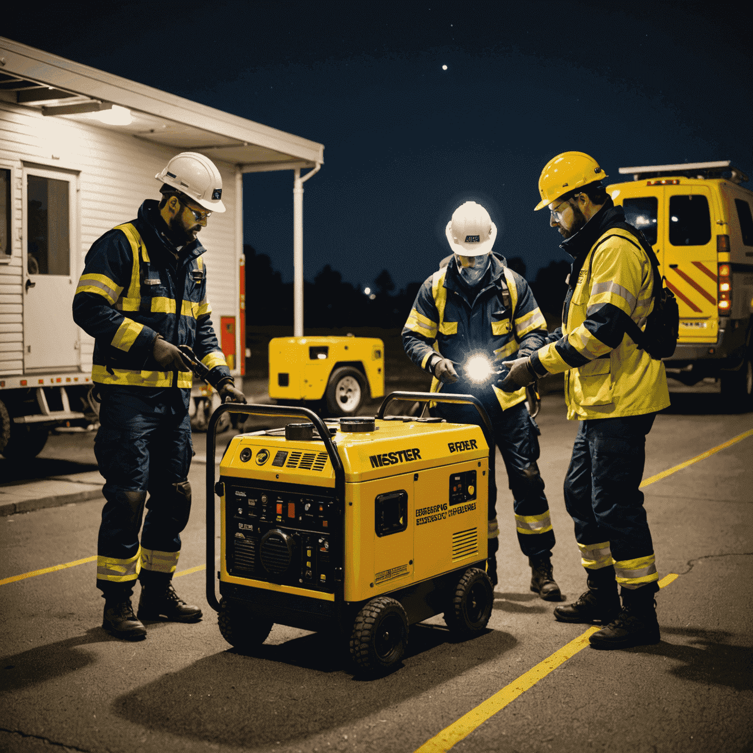 Emergency response team working at night with portable generator-powered lights illuminating a disaster area, allowing for safe and efficient operations