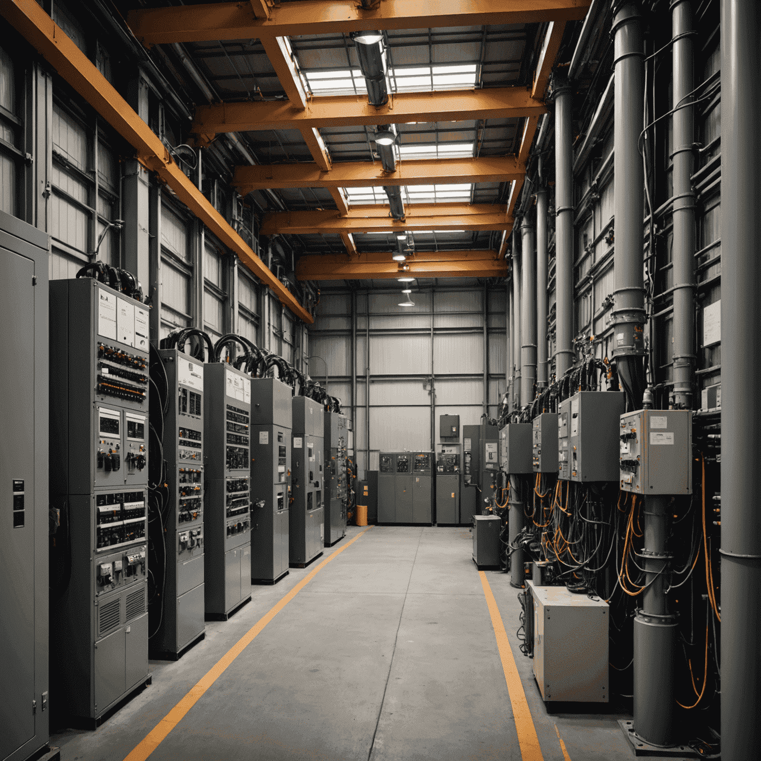 Power distribution equipment setup with transformers, switchgears, and cables in an industrial setting